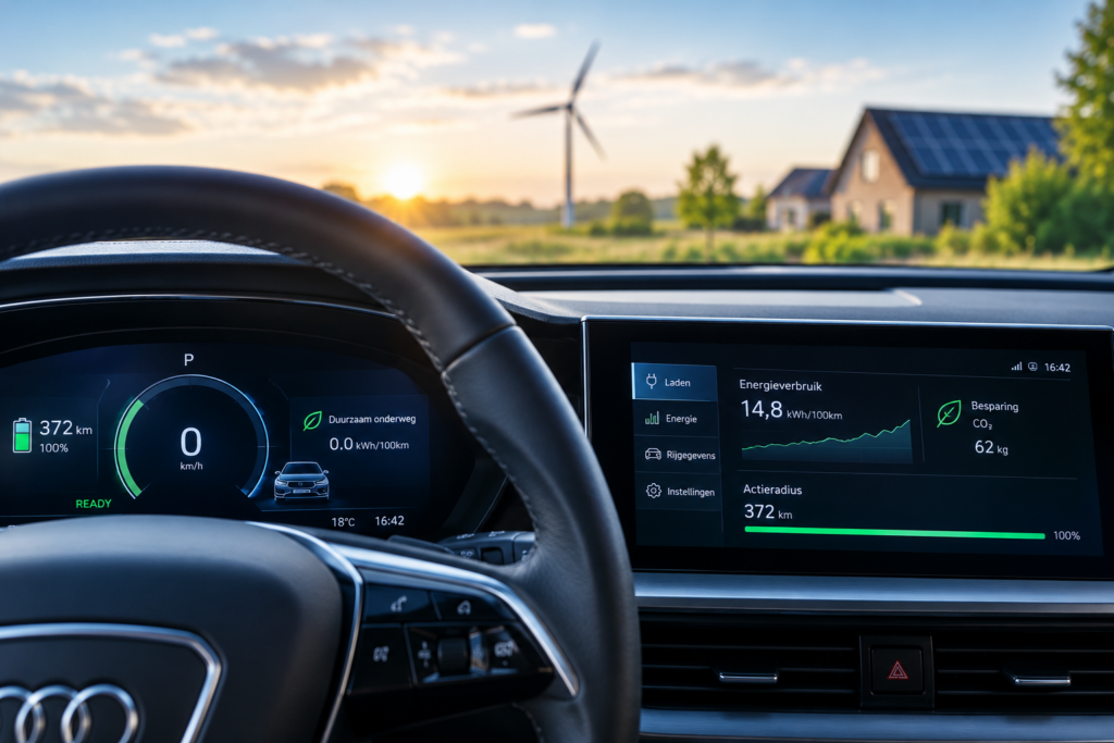 Dashboard van elektrische auto met windmolen in de verte